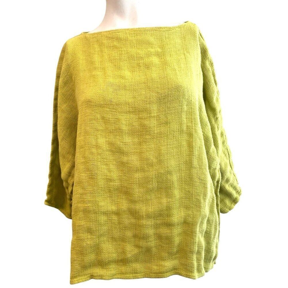 Ladies Medium Green Woven Linen Blouse 3/4 Sleeve Top Relaxed Co Ellen Tracy